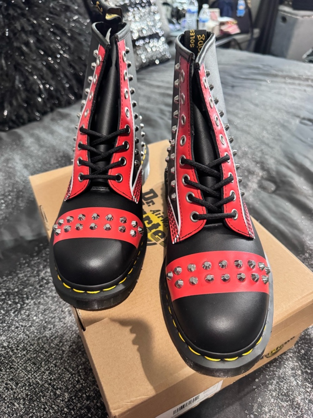 Dr. Martens Black and Red Studded Combat Boots - Picture 2 of 6
